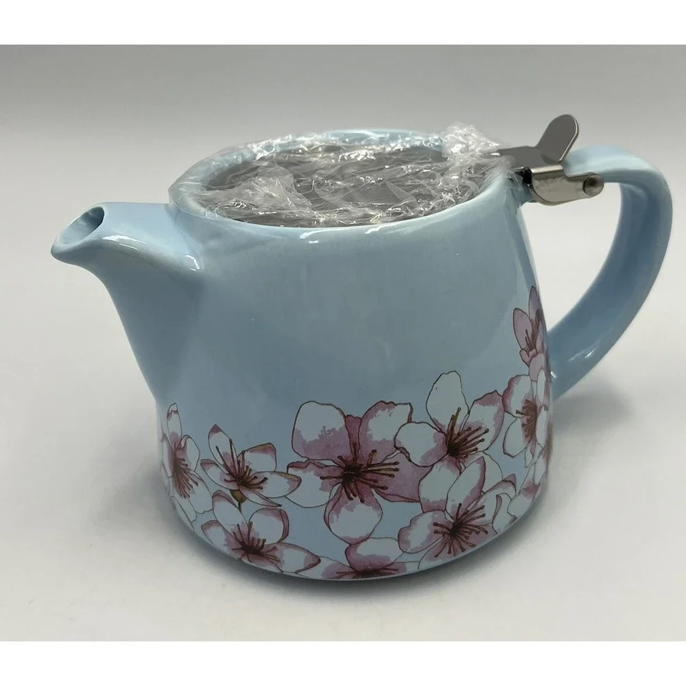 Vtg Alfred Tea Room Teapot Ceramic Stainless Steel Blue Cherry Blossoms New Box